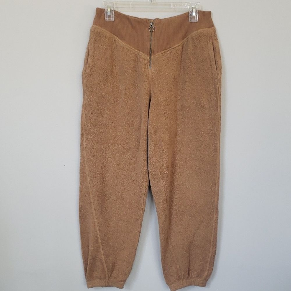 Aerie Joggers Womens M Tan Teddy Bear Fleece Pants Loungewear Cabincore Relax